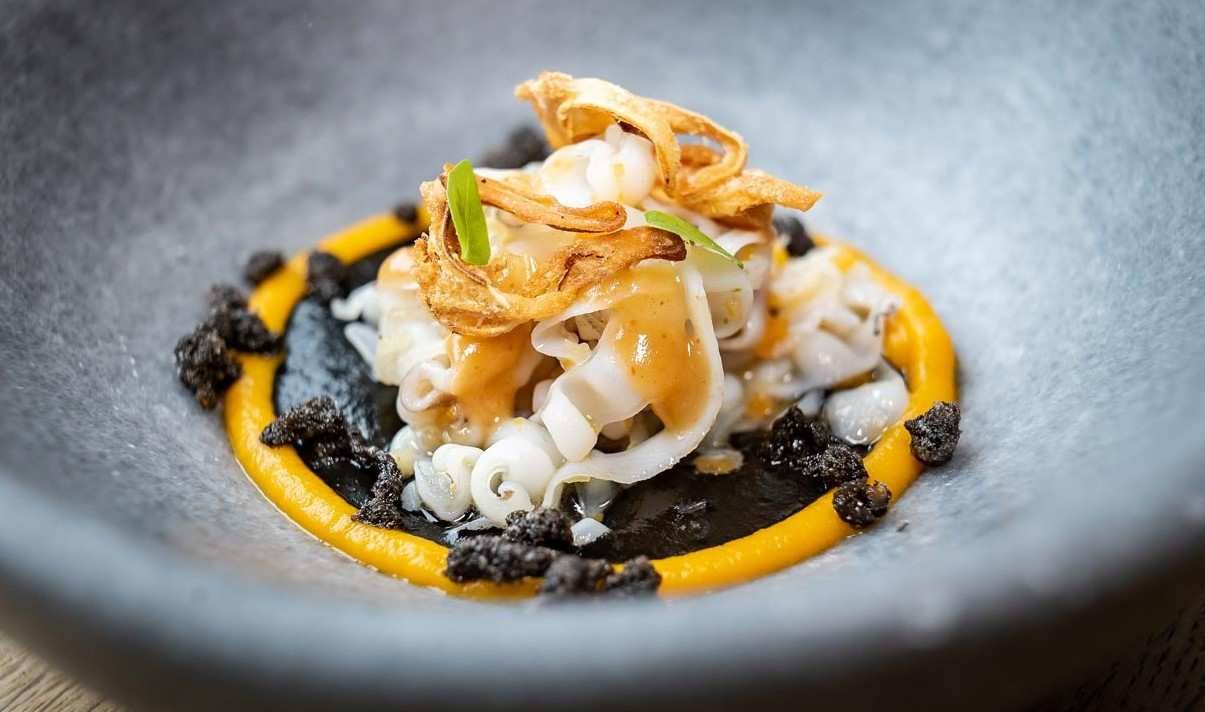 Calamar de Guadañeta, cremoso de su tinta crujiente ibérico y chimichurri