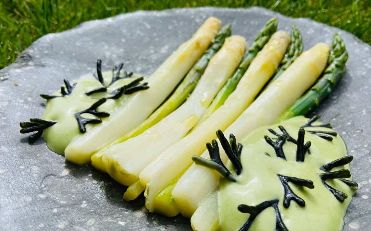 Espárragos frescos de Tudela de Duero con mahonesa de alga codium, disponibles en ECocinandos