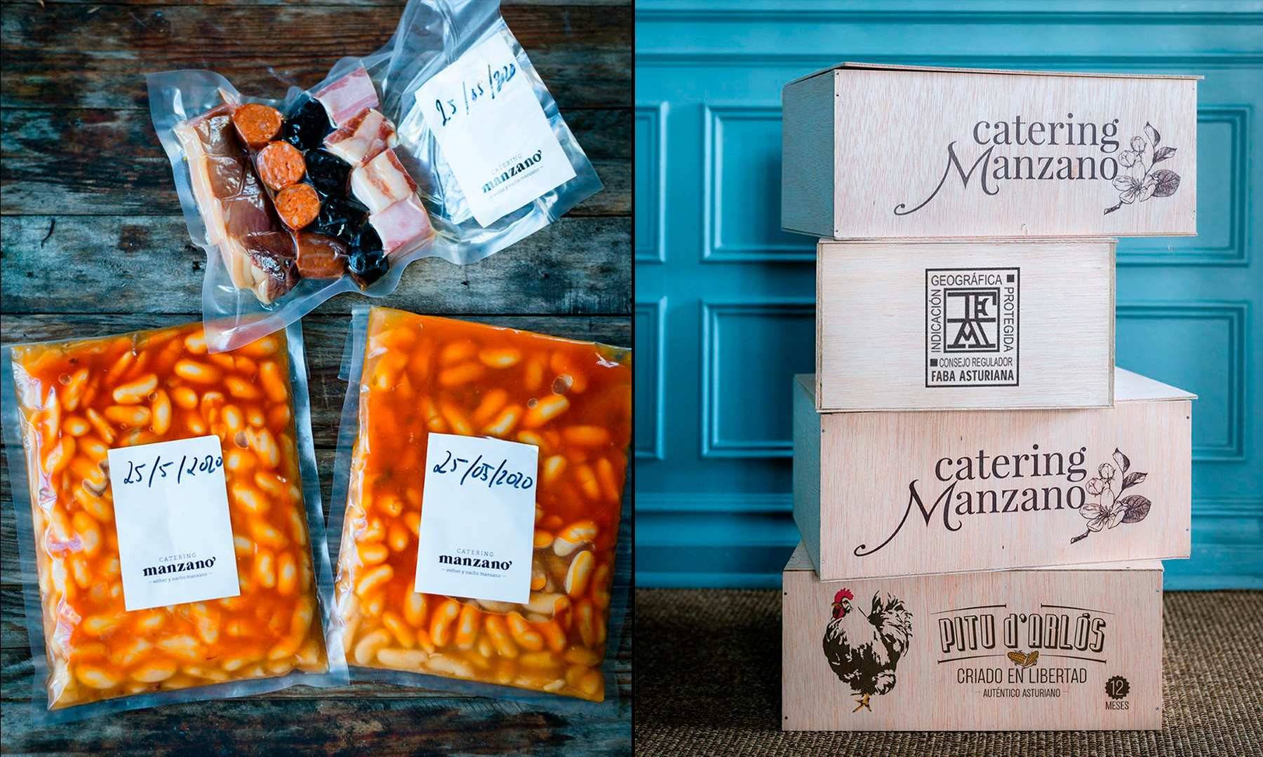 La fabada, recién cocinada, y las cajas en las que se hacen los envíos de Catering Manzano.
