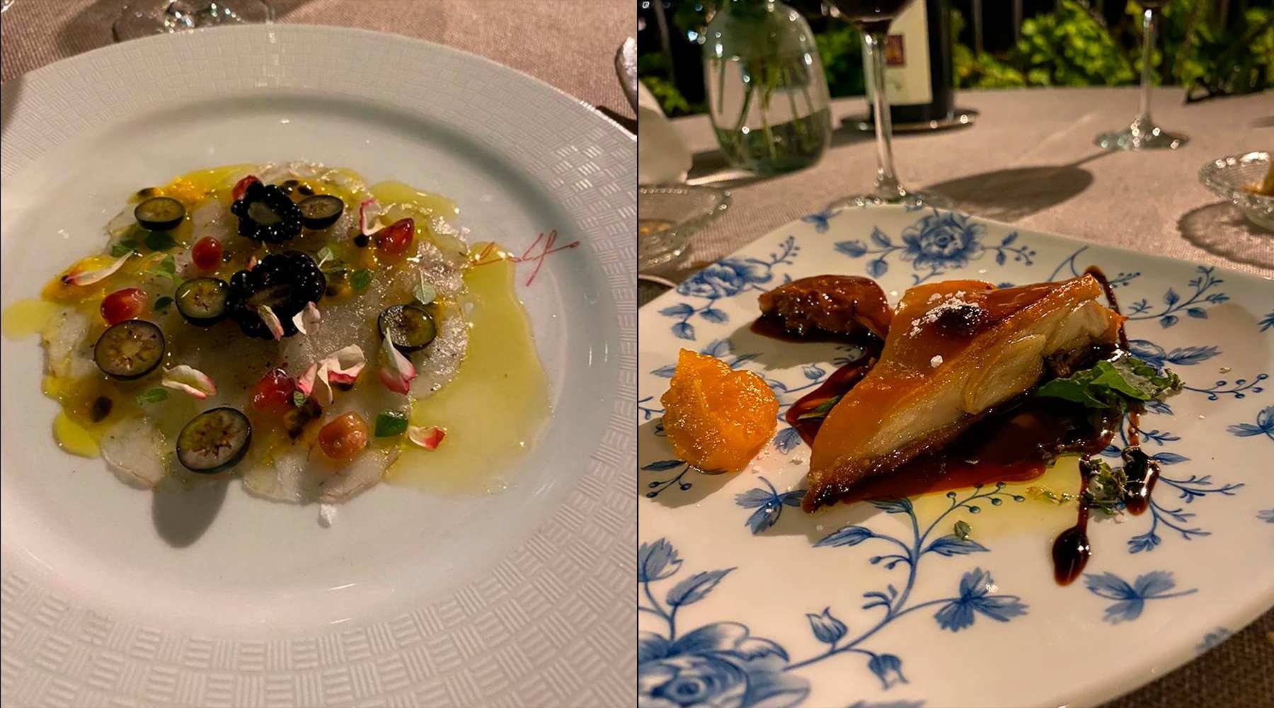 Carpaccio de langostinos con frutos Rojos y Lechón a baja temperatura, en la carta de verano del Cigarral de Santa María.