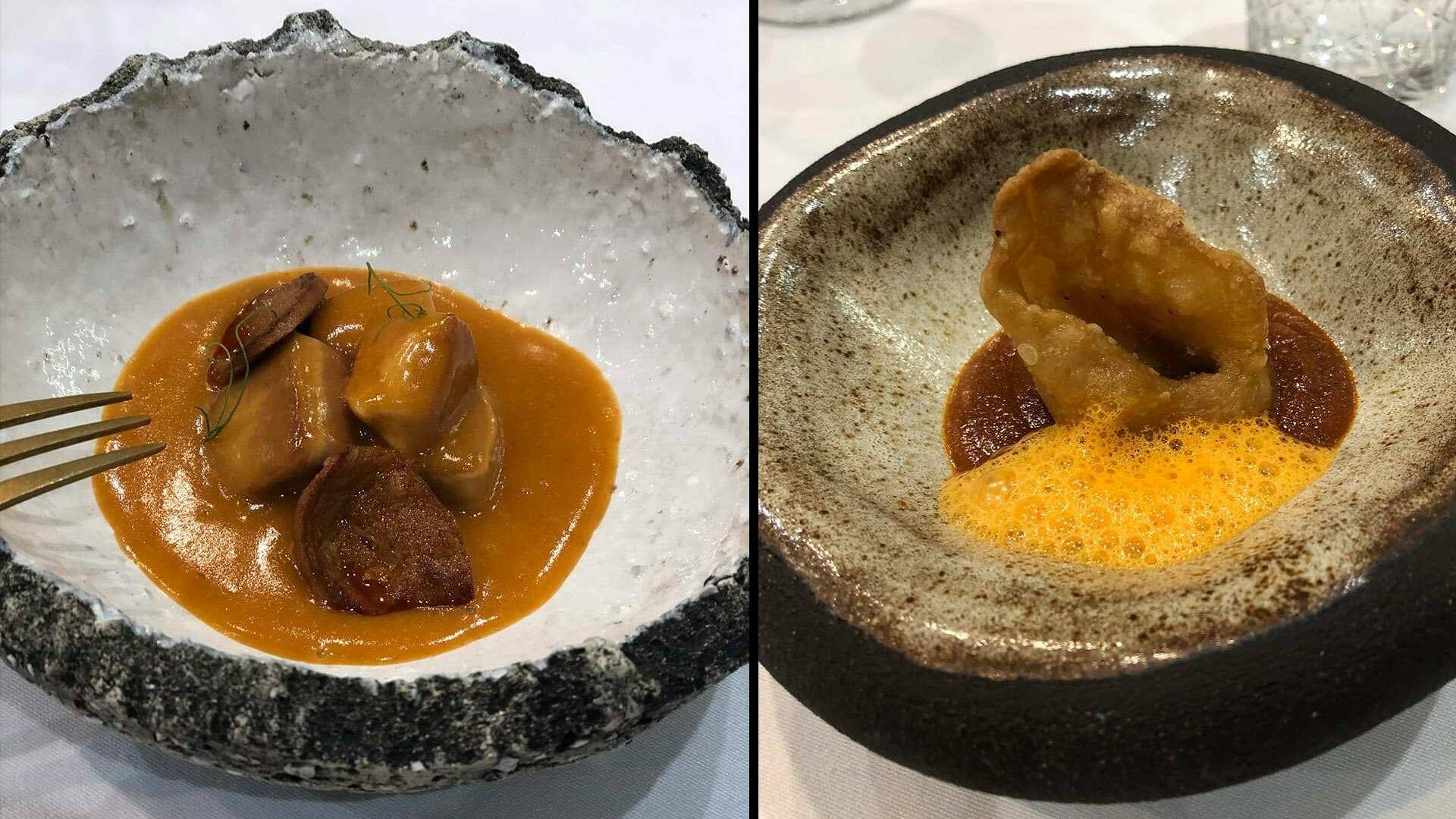Marmitako riojano, un trampantojo de las Patatas a la riojana, a la ida. Y a la derecha, la Oreja de cochinillo. La vajilla también es riojana, obra del artesano Toño Naharro.